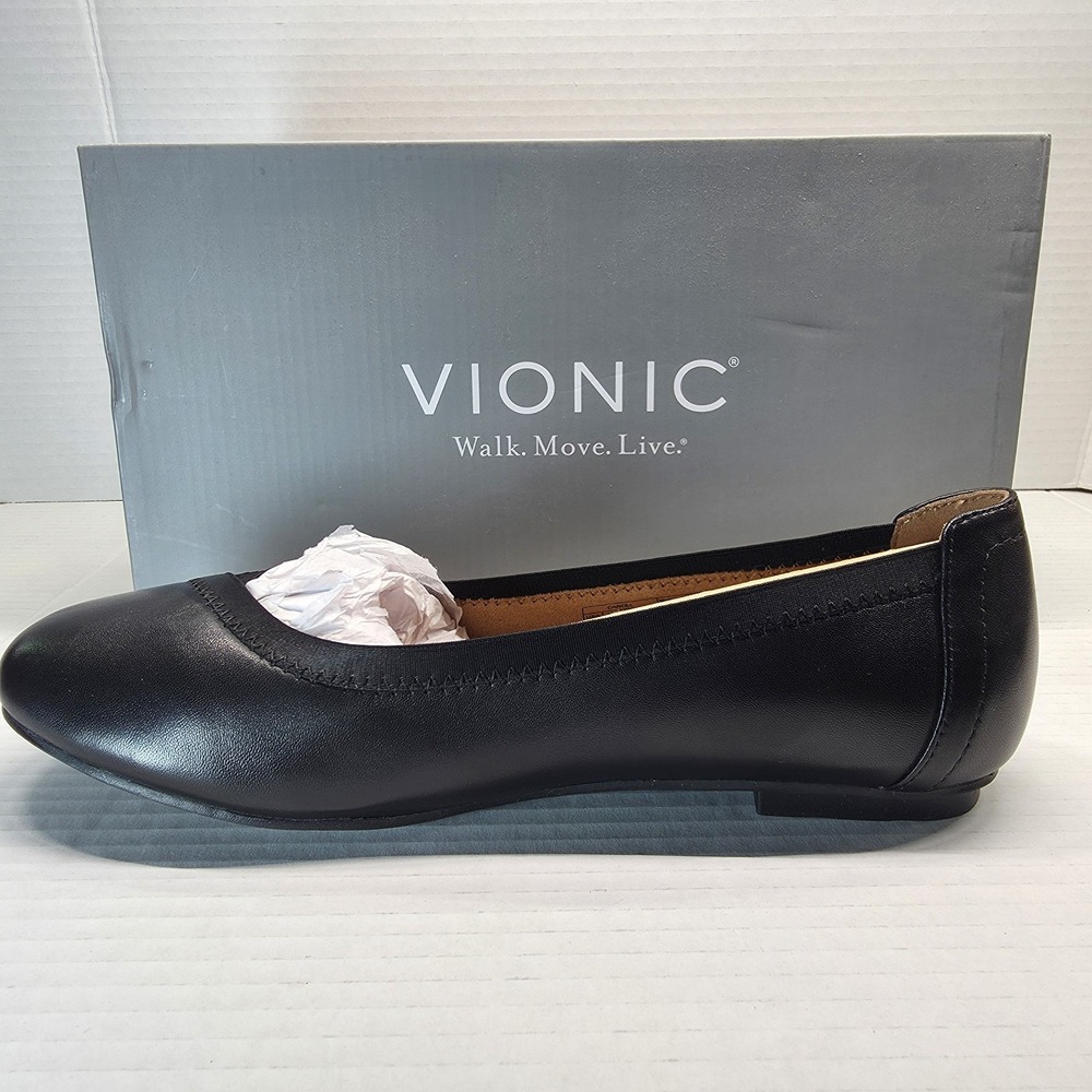 Vionic Caroll Womens 7M Black Leather Ballet Flats Orthotic Arch Support Comfort